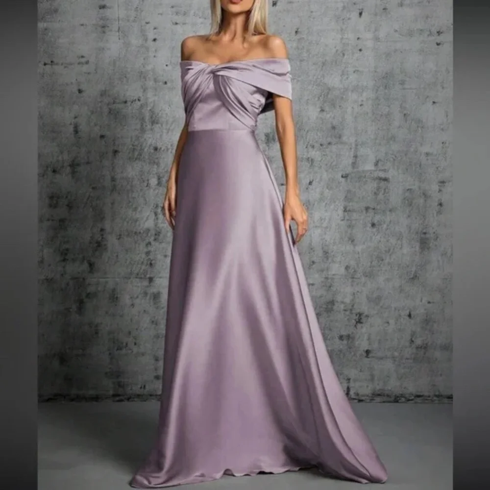 Luxe Satin Off Shoulder Evening Prom Party Formal Wedding Dress - Picture 8 of 16